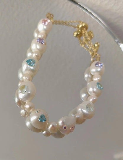 Pearl Bracelet with Heart Charm and Gemstone