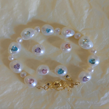 Pearl Bracelet with Heart Charm and Gemstone